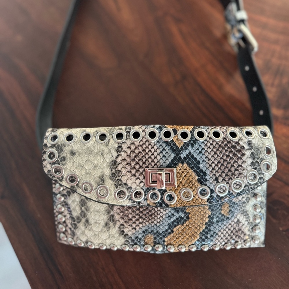 Snake Print Crossbody Bag with Studded Detail